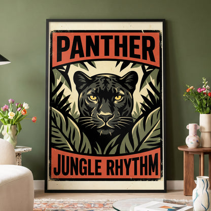 Panther Jungle Rhythm, black, green, beige nature wall art displayed in a styled interior, gallery view 4
