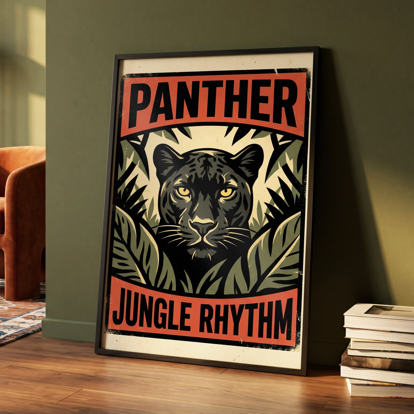 Panther Jungle Rhythm, black, green, beige nature wall art displayed in a styled interior, gallery view 5