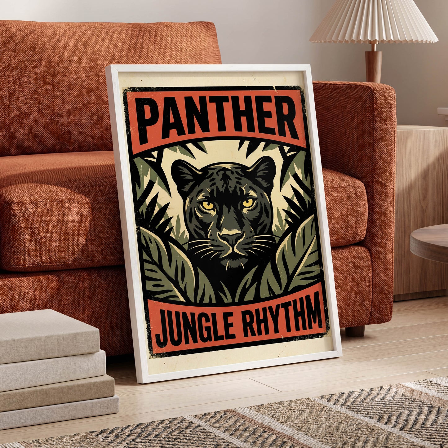 Panther Jungle Rhythm, black, green, beige nature wall art displayed in a styled interior, gallery view 6