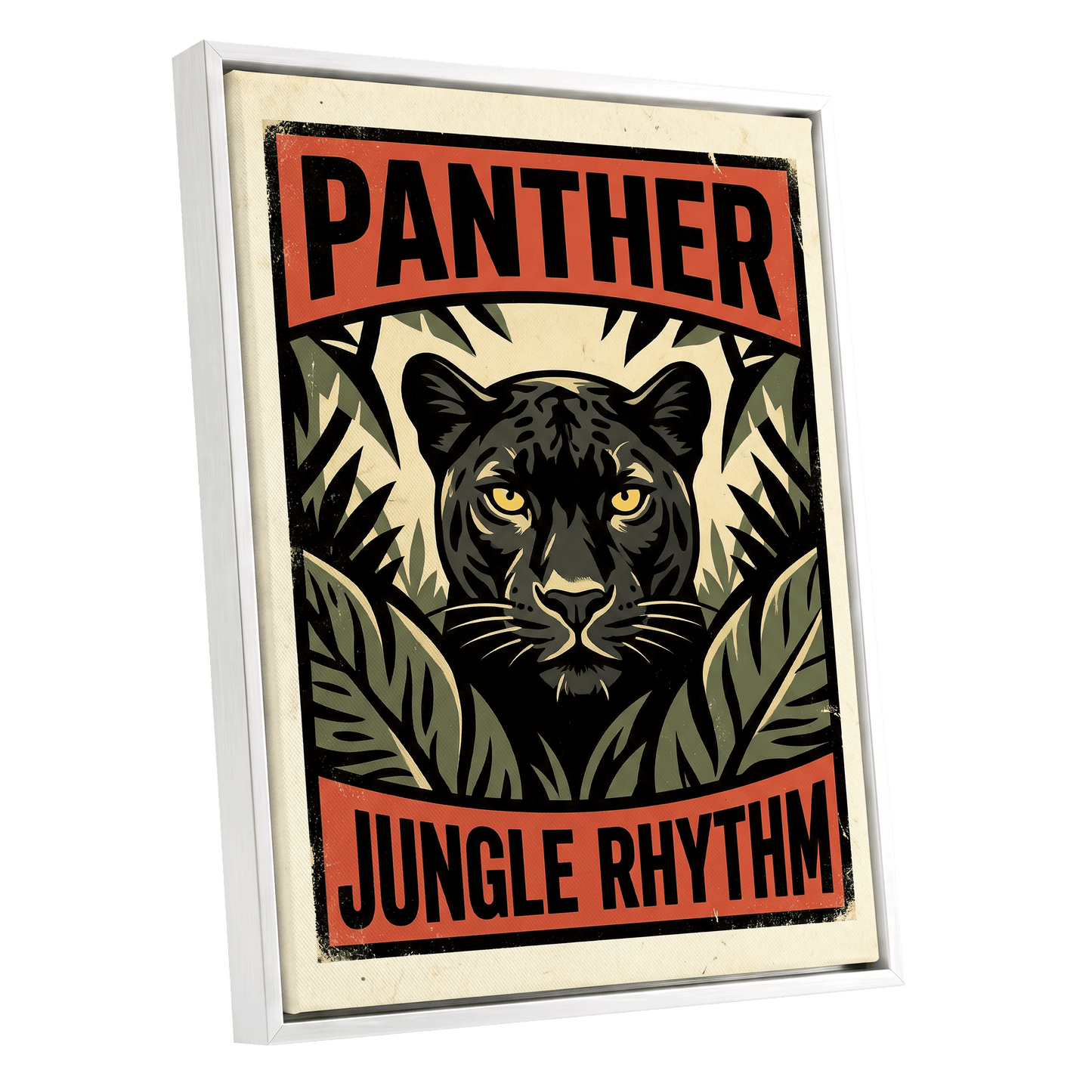 Panther Jungle Rhythm, black, green, beige nature wall art shown as a white framed canvas wall art
