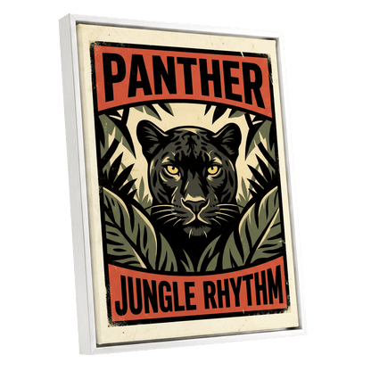 Panther Jungle Rhythm, black, green, beige nature wall art shown as a white framed canvas wall art