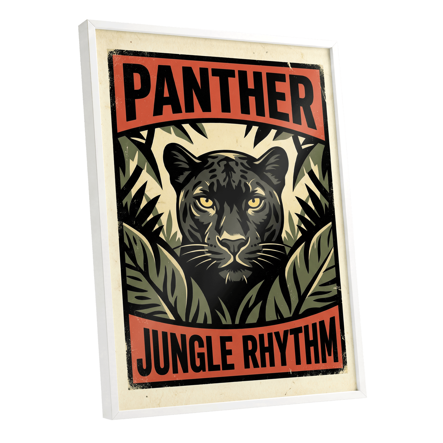 Panther Jungle Rhythm, black, green, beige nature wall art shown as a white framed poster wall art print