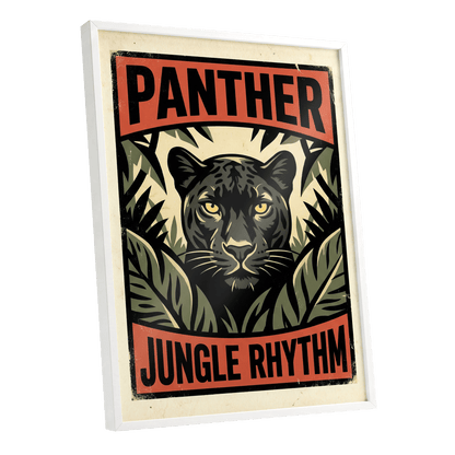 Panther Jungle Rhythm, black, green, beige nature wall art shown as a white framed poster wall art print