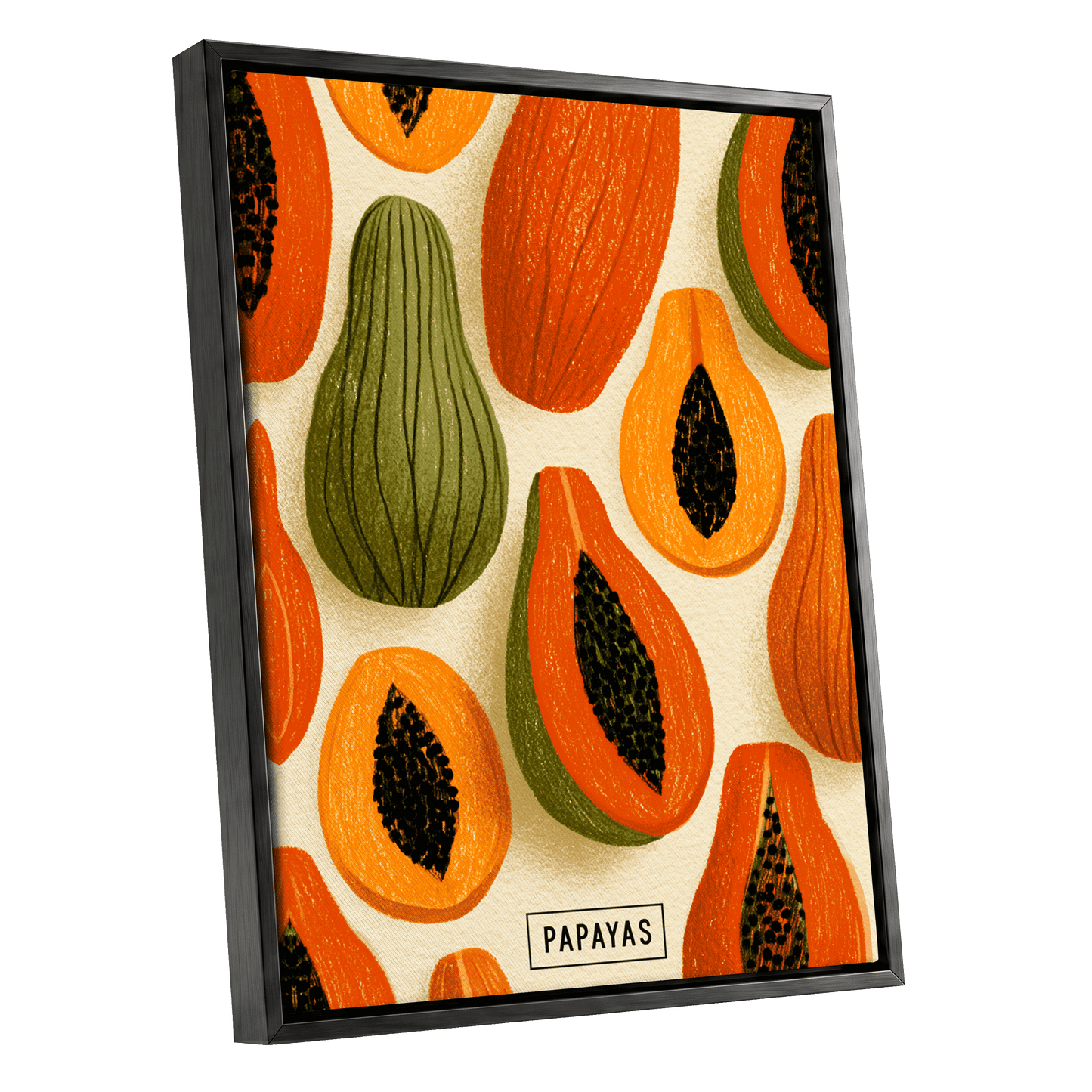 Papaya Parade, orange, green, beige nature wall art shown as a black framed canvas wall art