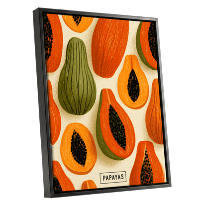 Papaya Parade, orange, green, beige nature wall art shown as a black framed canvas wall art