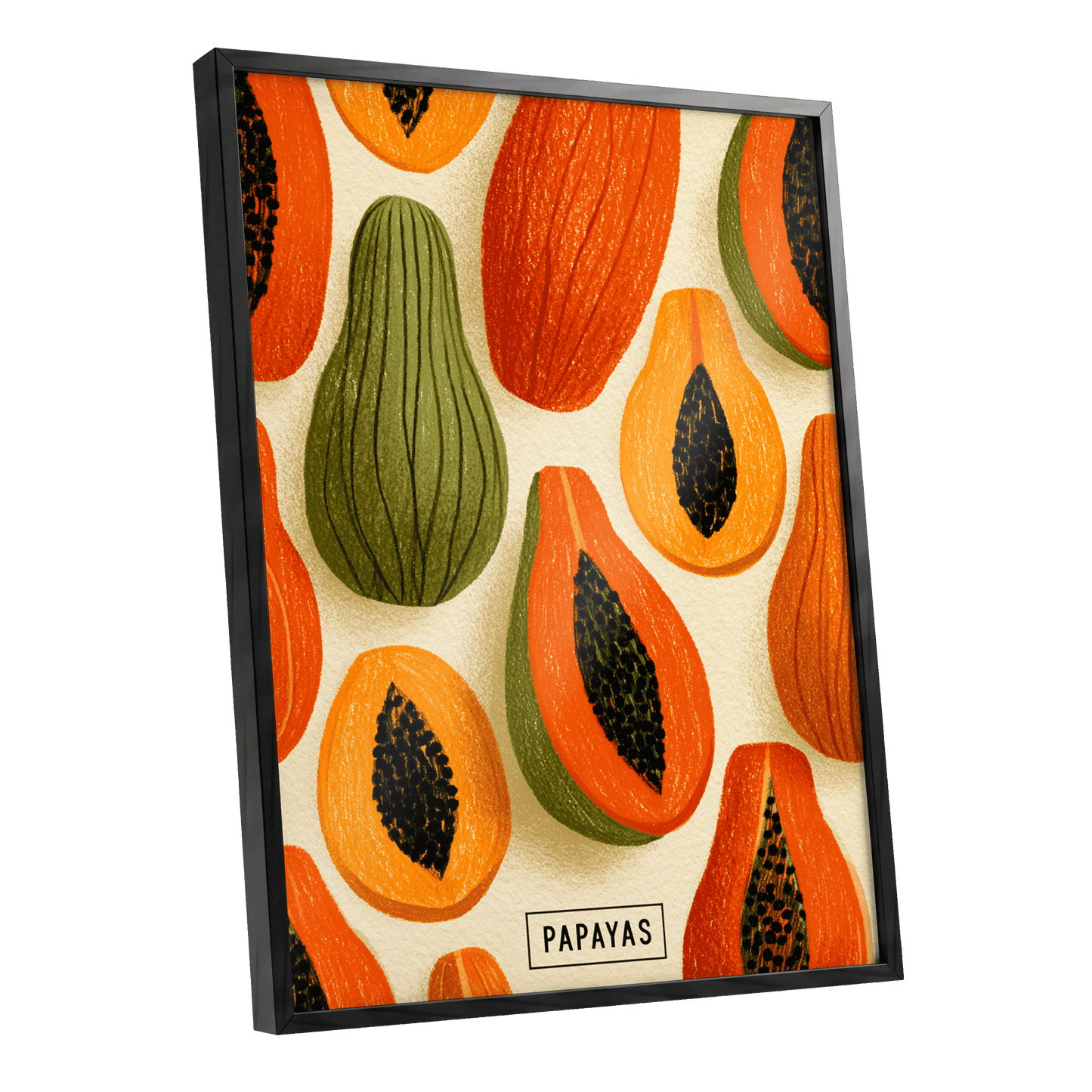 Papaya Parade, orange, green, beige nature wall art shown as a black framed poster wall art print