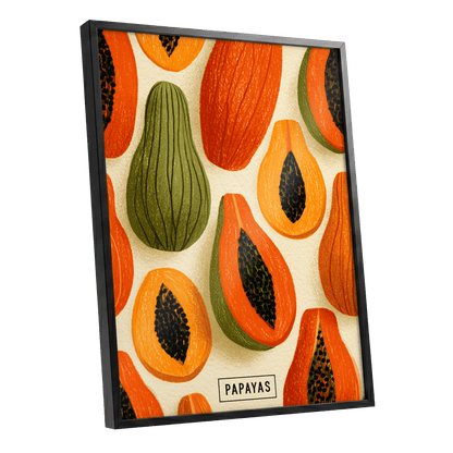 Papaya Parade, orange, green, beige nature wall art shown as a black framed poster wall art print