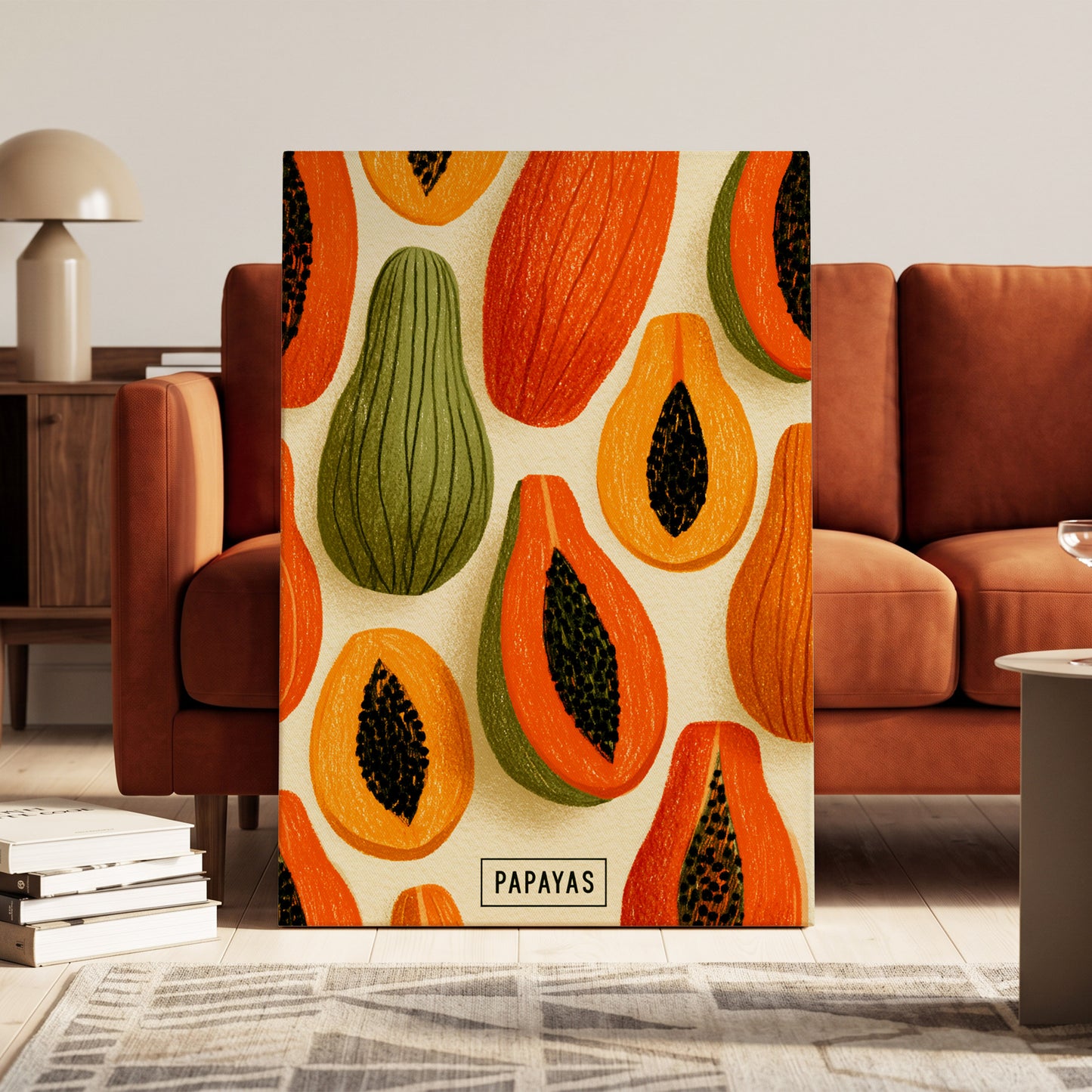 Papaya Parade, orange, green, beige nature wall art on canvas displayed in a styled interior, gallery view 1