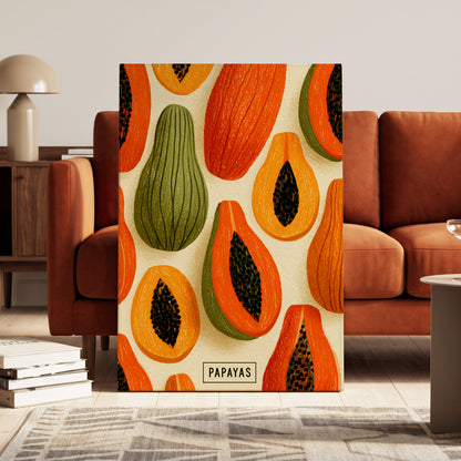 Papaya Parade, orange, green, beige nature wall art on canvas displayed in a styled interior, gallery view 1