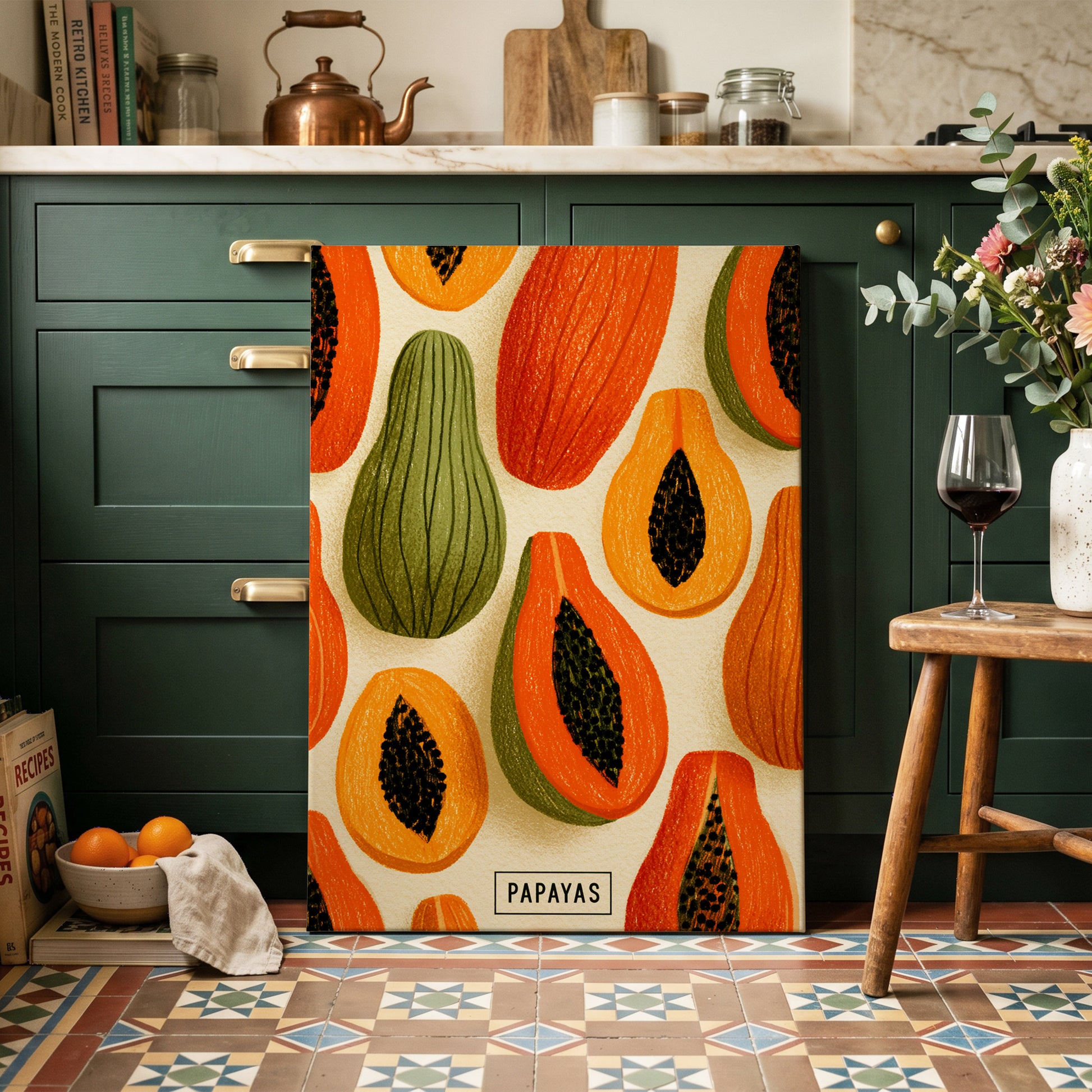 Papaya Parade, orange, green, beige nature wall art on canvas displayed in a styled interior, gallery view 2