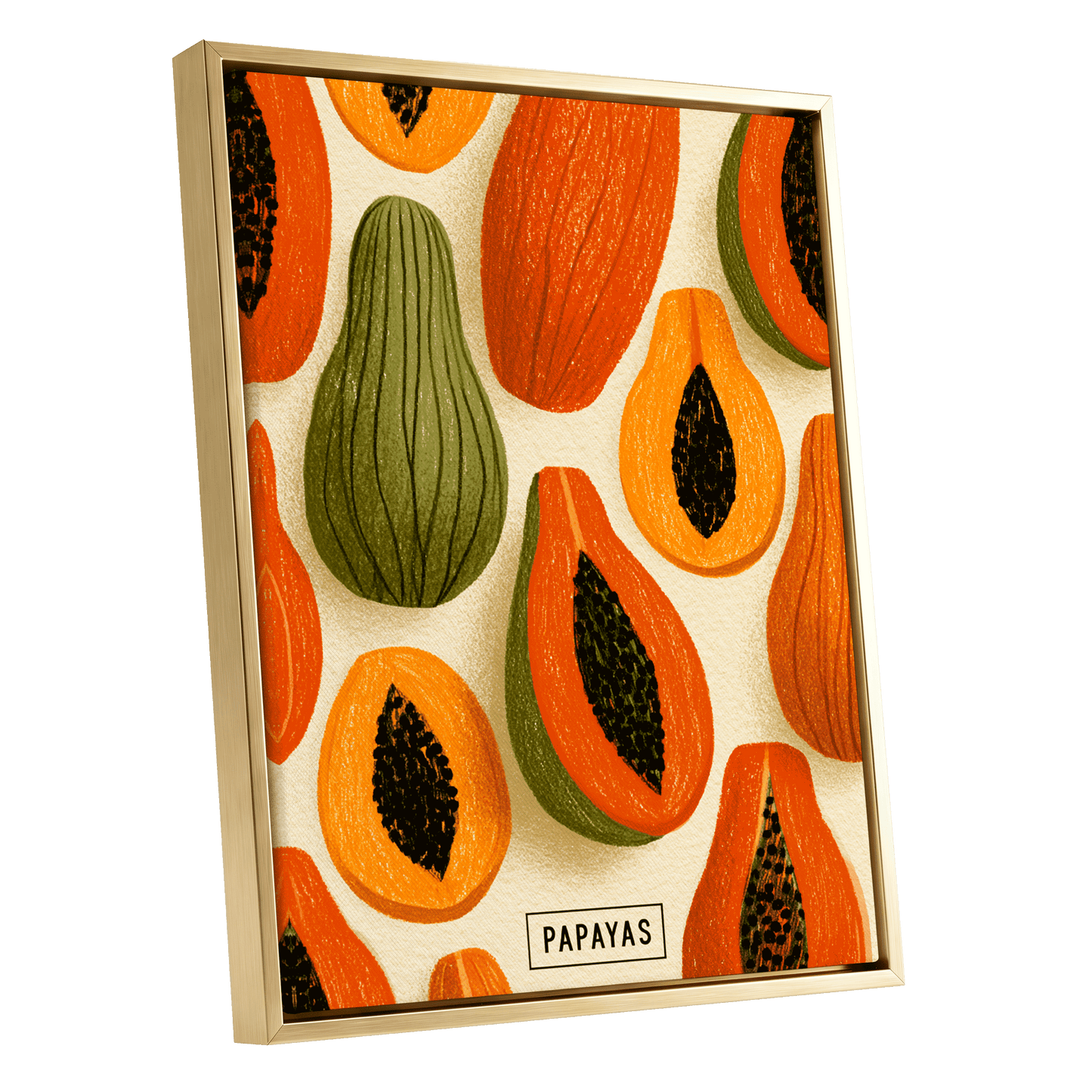 Papaya Parade, orange, green, beige nature wall art shown as a gold framed canvas wall art