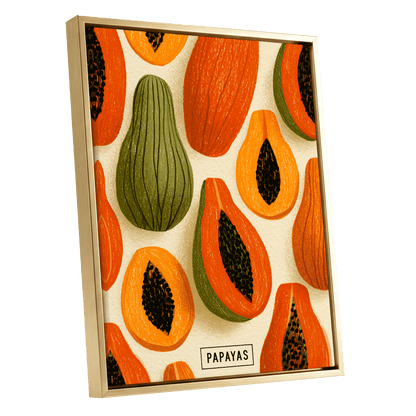 Papaya Parade, orange, green, beige nature wall art shown as a gold framed canvas wall art