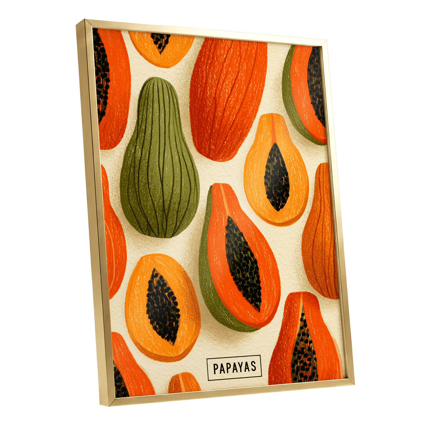 Papaya Parade, orange, green, beige nature wall art shown as a gold framed poster wall art print
