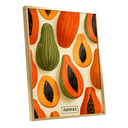 Papaya Parade, orange, green, beige nature wall art shown as a gold framed poster wall art print