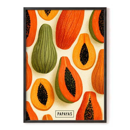 Papaya Parade, orange, green, beige nature wall art, front artwork view