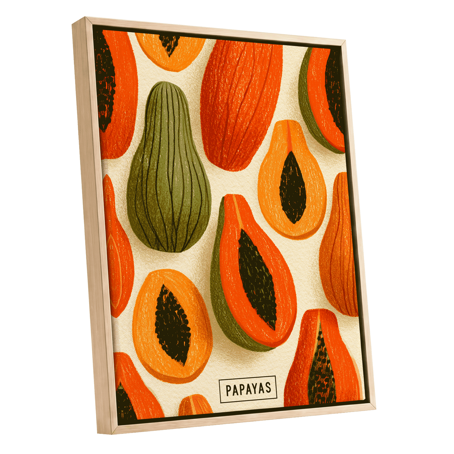 Papaya Parade, orange, green, beige nature wall art shown as a oak framed canvas wall art