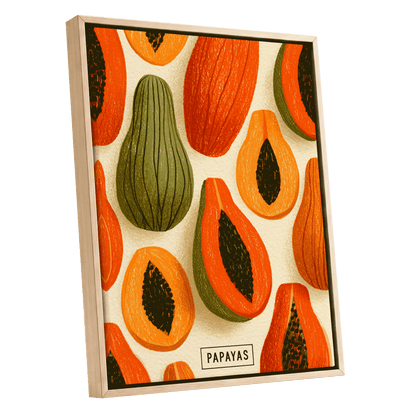 Papaya Parade, orange, green, beige nature wall art shown as a oak framed canvas wall art