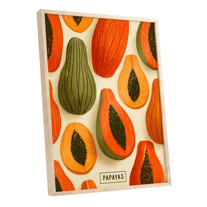 Papaya Parade, orange, green, beige nature wall art shown as a oak framed poster wall art print