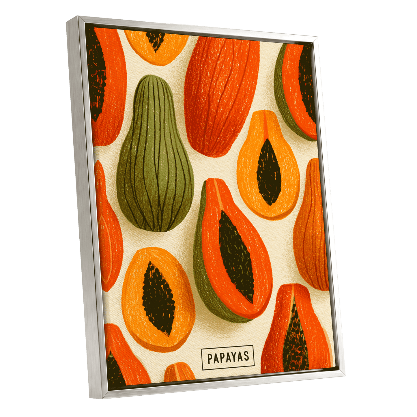 Papaya Parade, orange, green, beige nature wall art shown as a silver framed canvas wall art