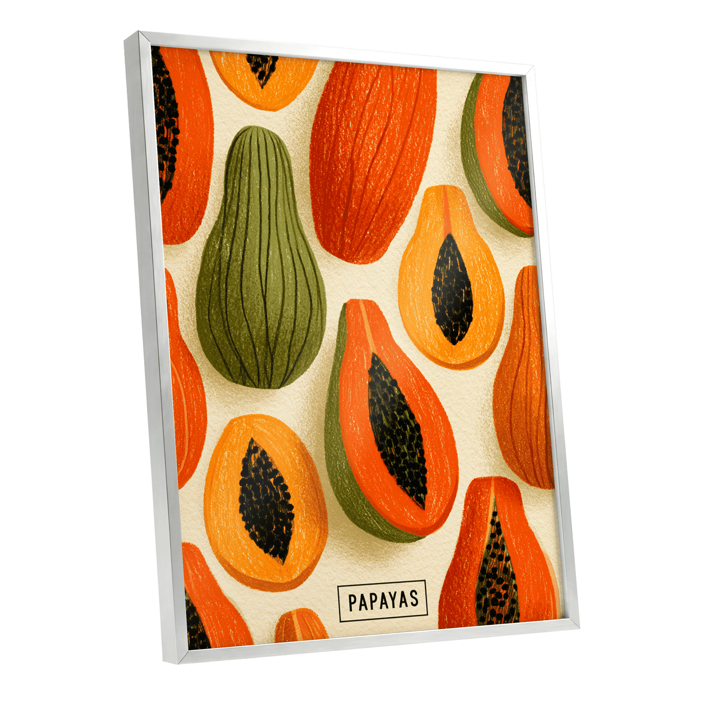 Papaya Parade, orange, green, beige nature wall art shown as a silver framed poster wall art print