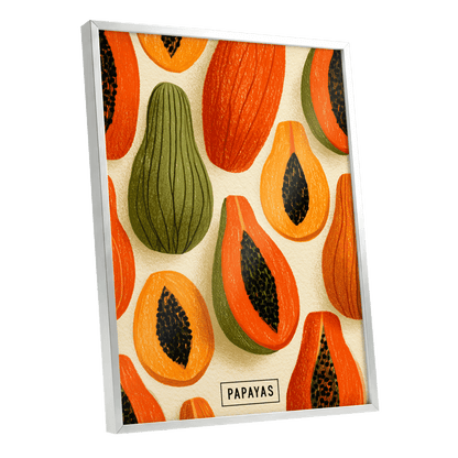 Papaya Parade, orange, green, beige nature wall art shown as a silver framed poster wall art print