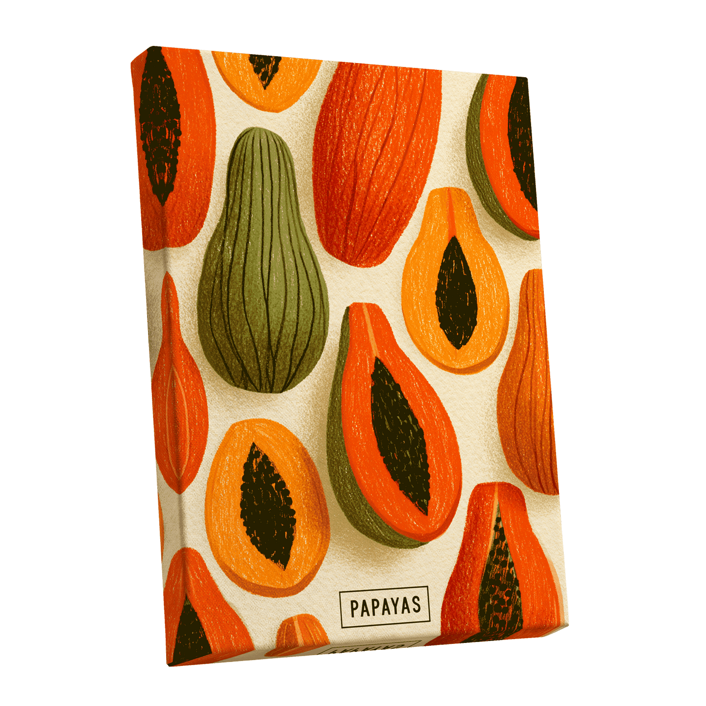 Papaya Parade, orange, green, beige nature wall art shown as a stretched canvas wall art