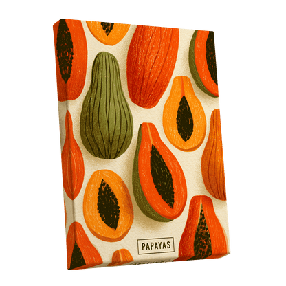 Papaya Parade, orange, green, beige nature wall art shown as a stretched canvas wall art