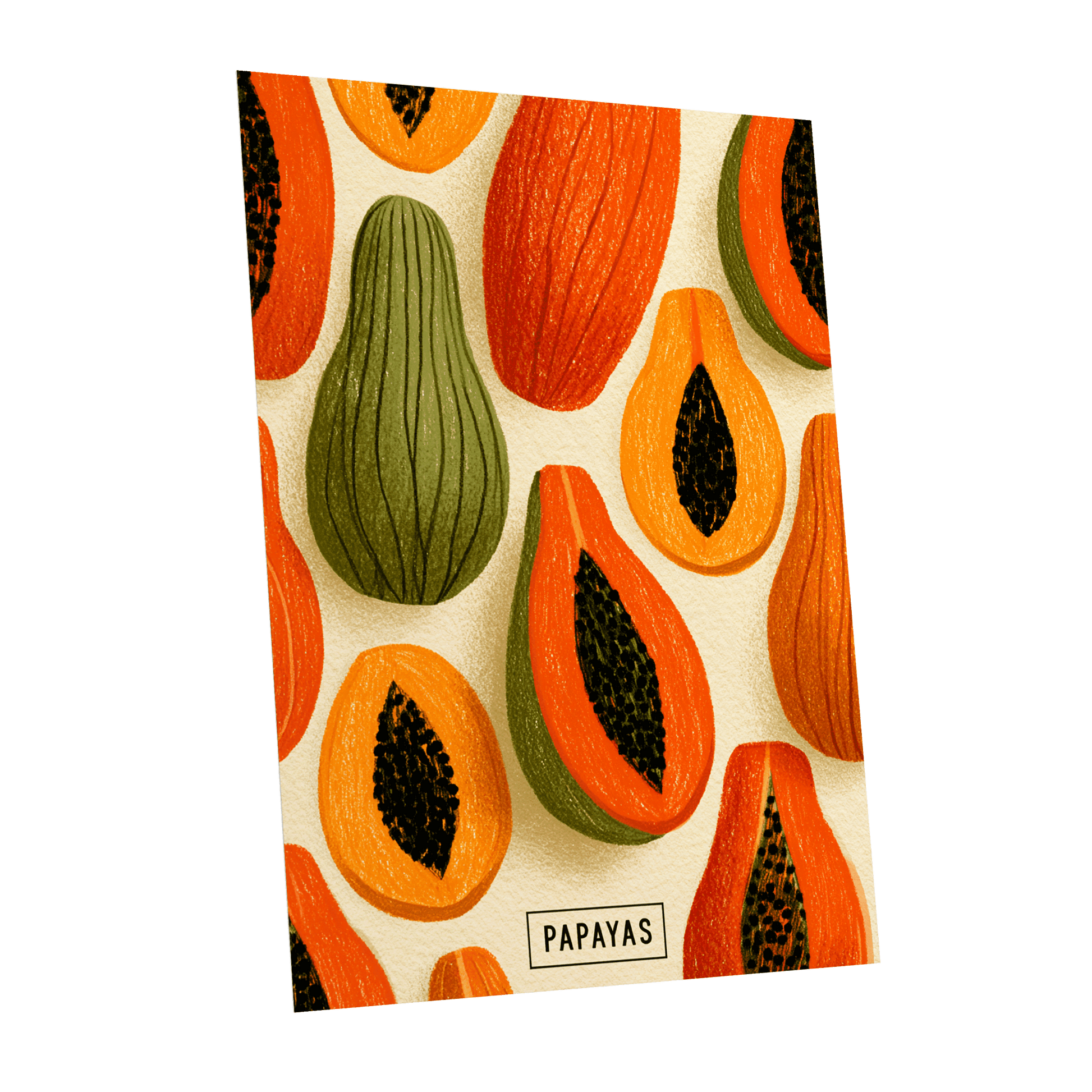 Papaya Parade, orange, green, beige nature wall art shown as a unframed poster wall art print