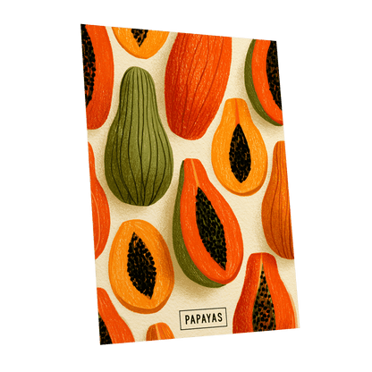 Papaya Parade, orange, green, beige nature wall art shown as a unframed poster wall art print