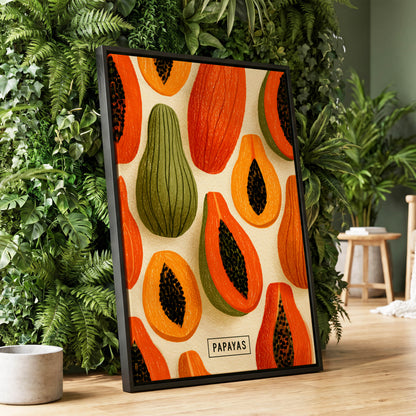 Papaya Parade, orange, green, beige nature wall art displayed in a styled interior, gallery view 1