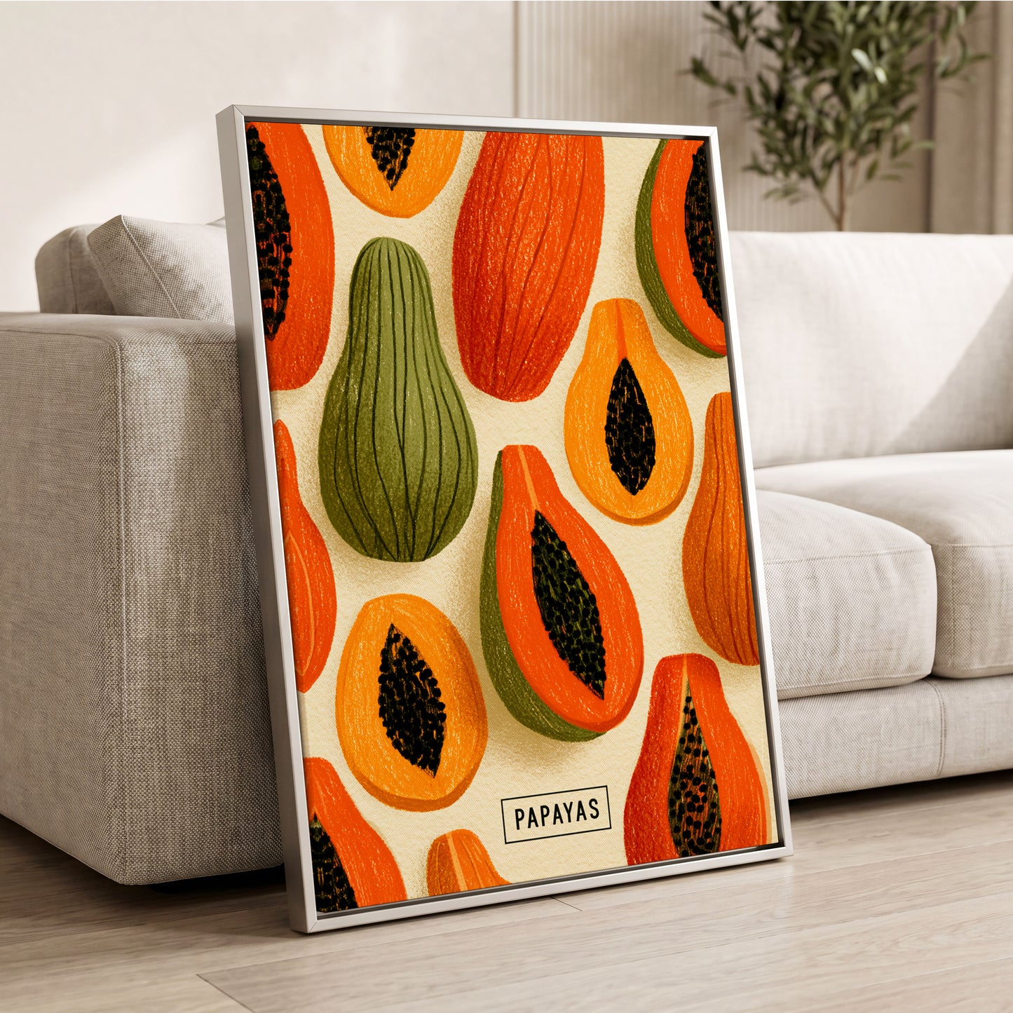 Papaya Parade, orange, green, beige nature wall art displayed in a styled interior, gallery view 2