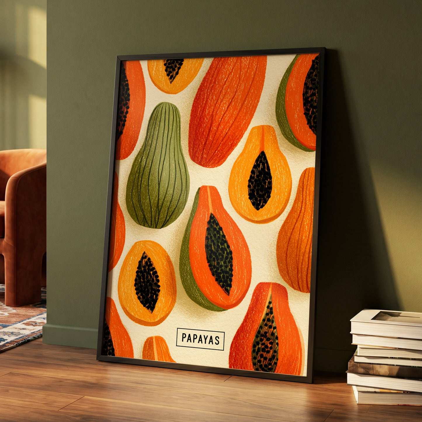 Papaya Parade, orange, green, beige nature wall art displayed in a styled interior, gallery view 4