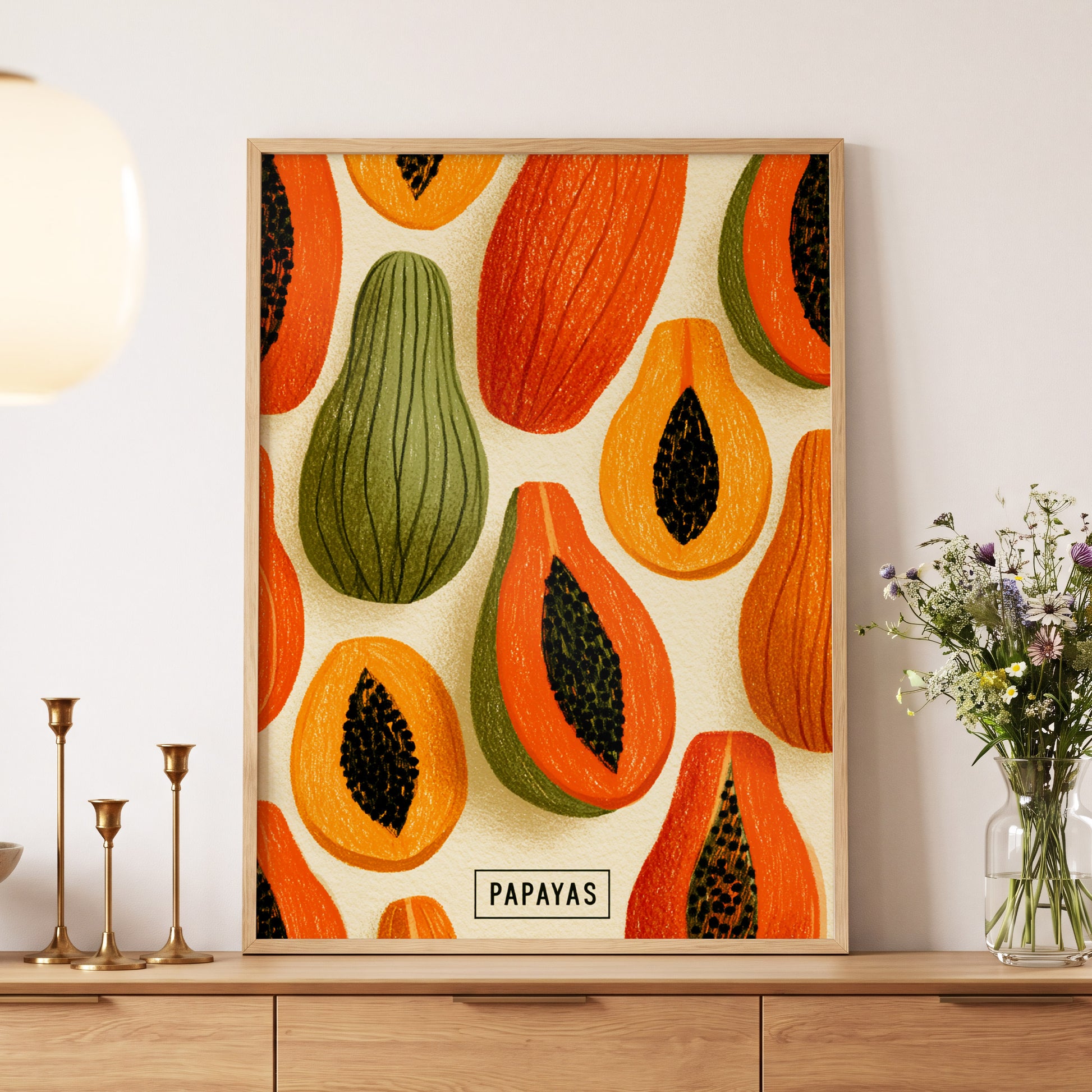 Papaya Parade, orange, green, beige nature wall art displayed in a styled interior, gallery view 5