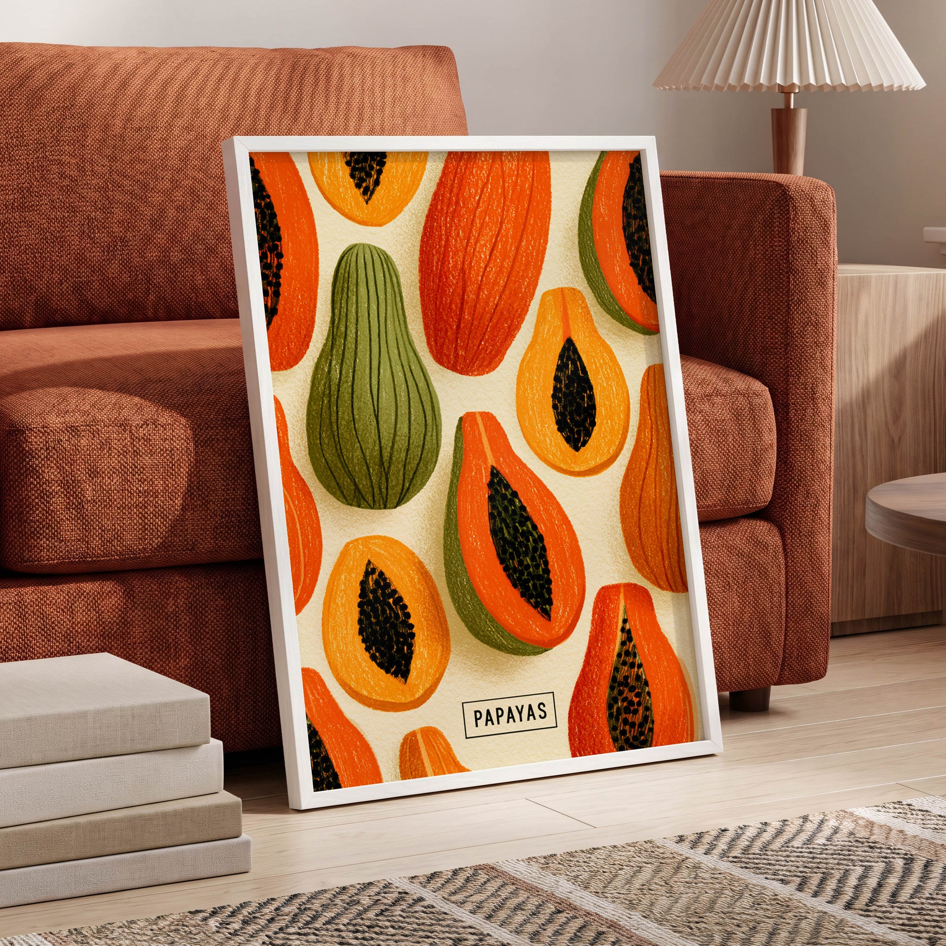 Papaya Parade, orange, green, beige nature wall art displayed in a styled interior, gallery view 6