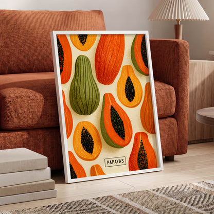 Papaya Parade, orange, green, beige nature wall art displayed in a styled interior, gallery view 6
