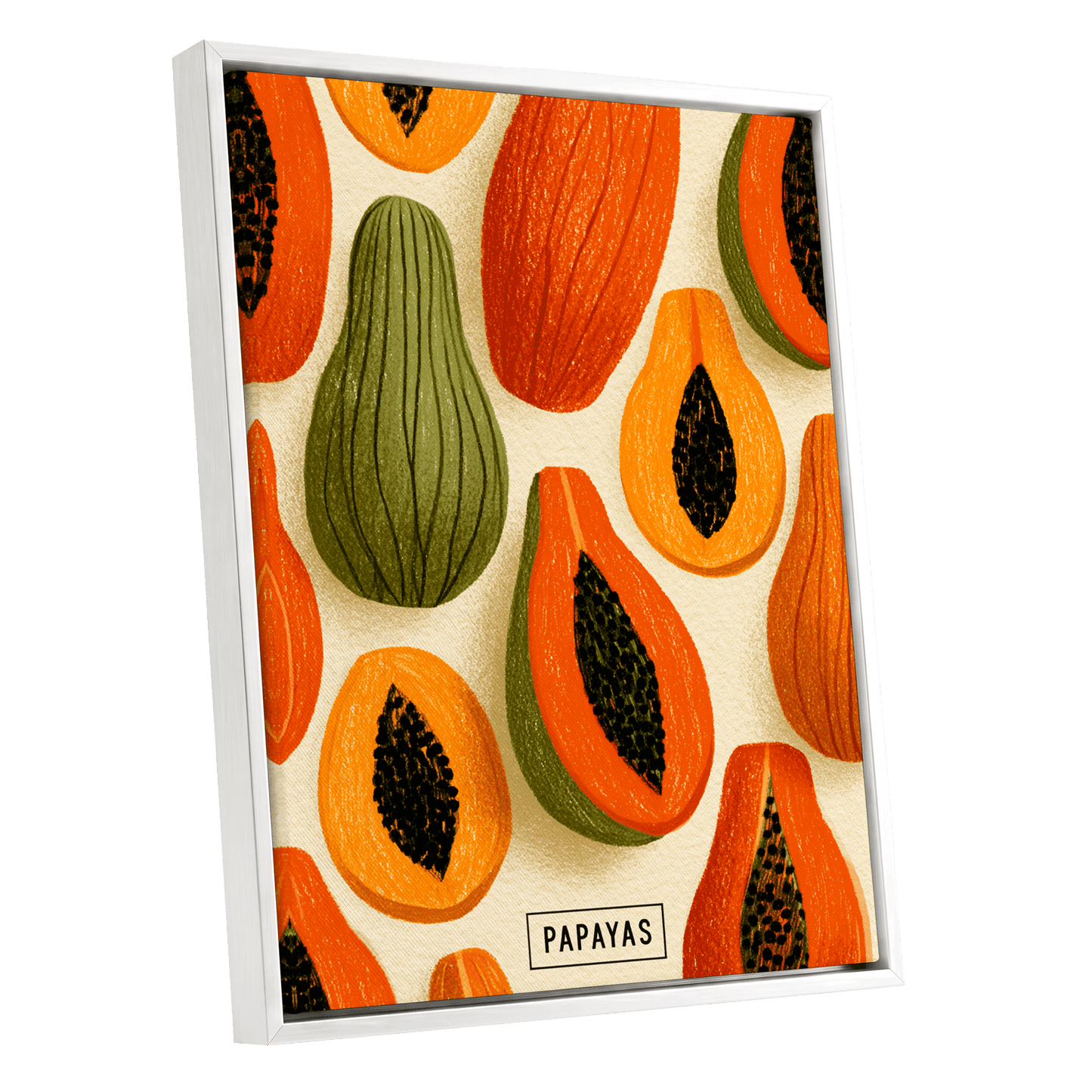 Papaya Parade, orange, green, beige nature wall art shown as a white framed canvas wall art