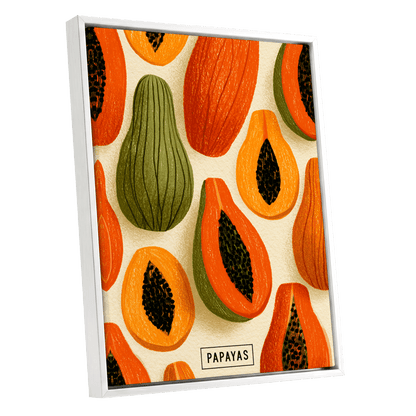 Papaya Parade, orange, green, beige nature wall art shown as a white framed canvas wall art