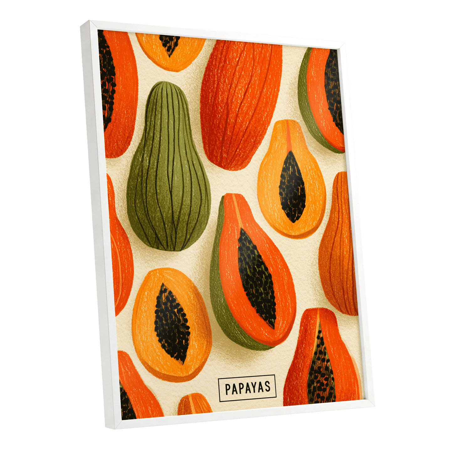 Papaya Parade, orange, green, beige nature wall art shown as a white framed poster wall art print