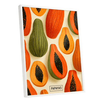 Papaya Parade, orange, green, beige nature wall art shown as a white framed poster wall art print