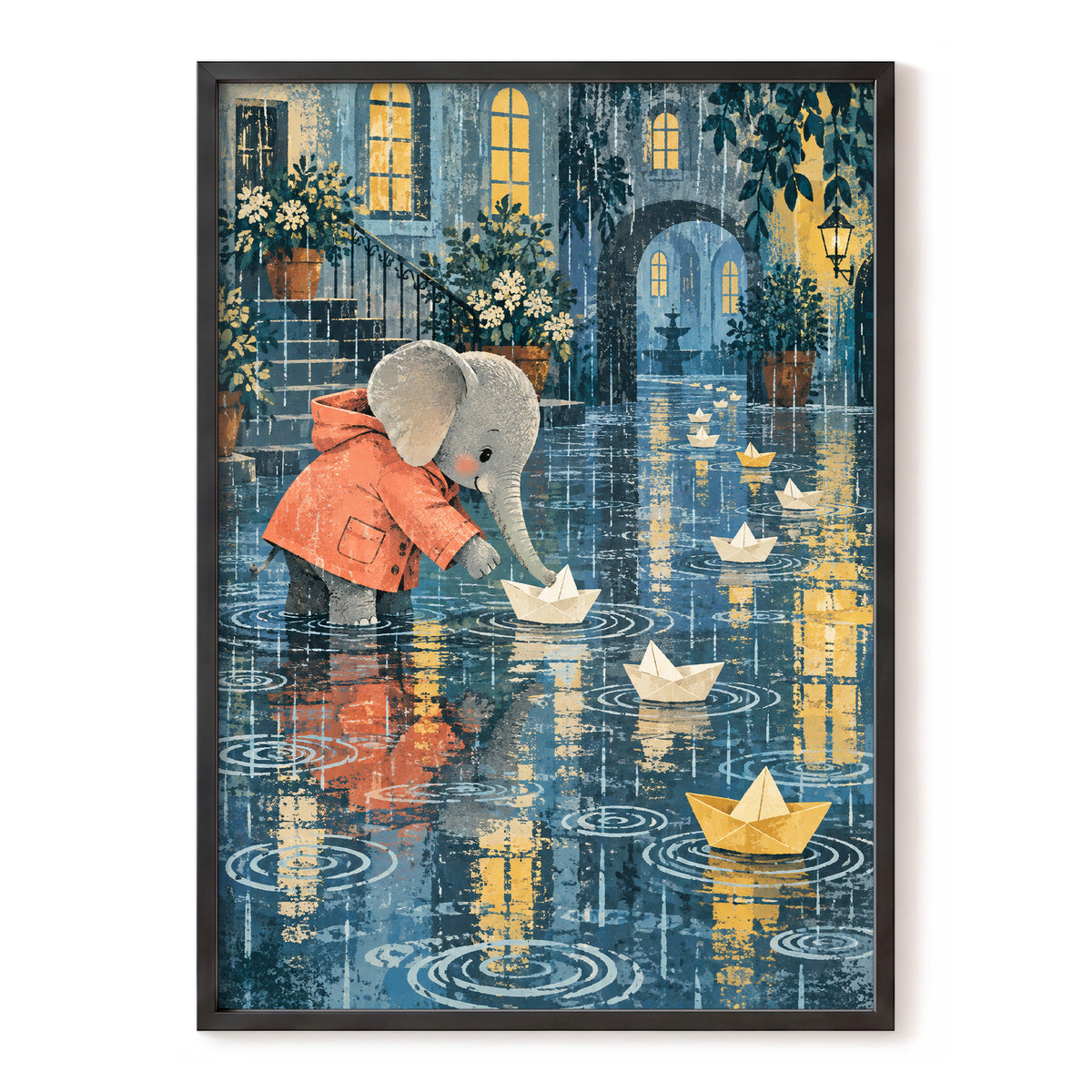 Paper Boats in the Rain, blue, gray, orange abstract wall art, front artwork view