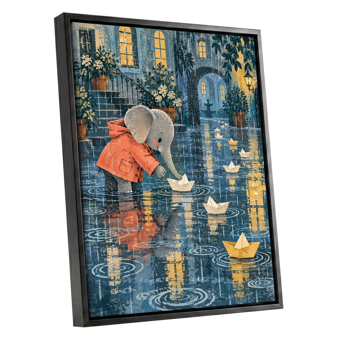 Paper Boats in the Rain, blue, gray, orange abstract wall art shown as a black framed canvas wall art