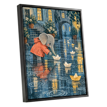 Paper Boats in the Rain, blue, gray, orange abstract wall art shown as a black framed canvas wall art