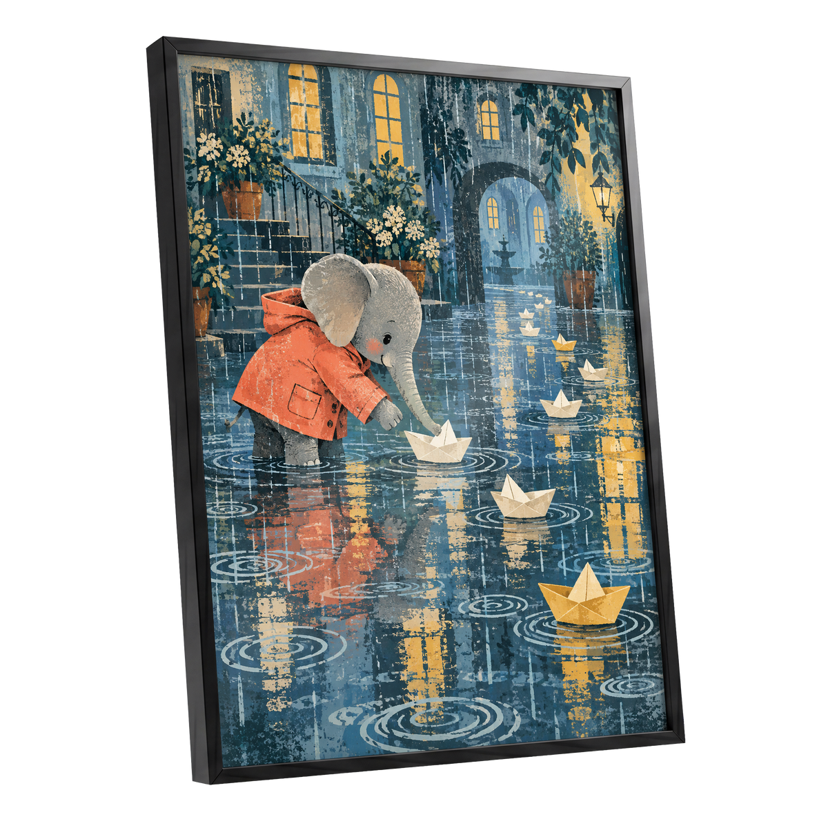 Paper Boats in the Rain, blue, gray, orange abstract wall art shown as a black framed poster wall art print