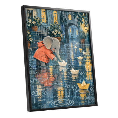 Paper Boats in the Rain, blue, gray, orange abstract wall art shown as a black framed poster wall art print