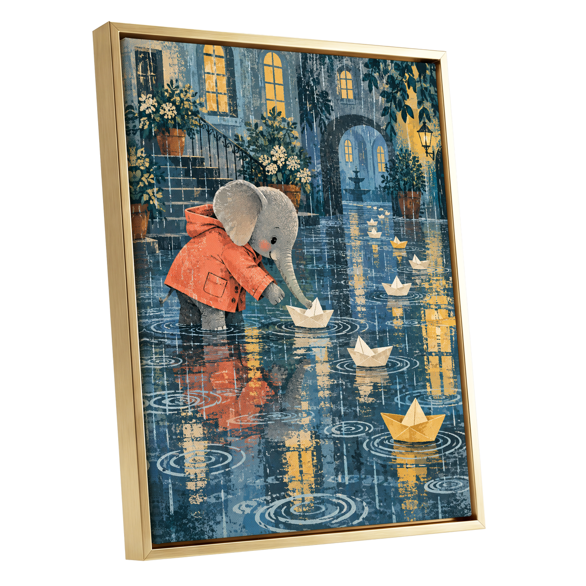 Paper Boats in the Rain, blue, gray, orange abstract wall art shown as a gold framed canvas wall art
