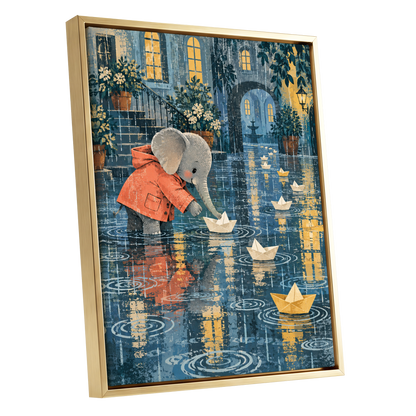Paper Boats in the Rain, blue, gray, orange abstract wall art shown as a gold framed canvas wall art
