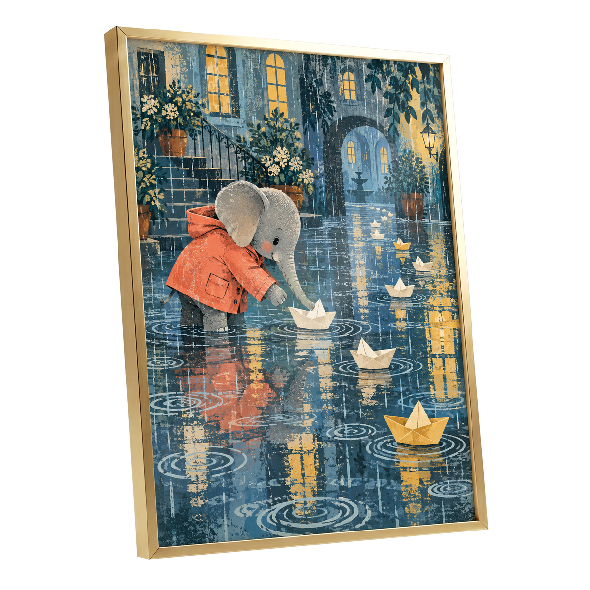 Paper Boats in the Rain, blue, gray, orange abstract wall art shown as a gold framed poster wall art print
