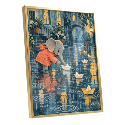 Paper Boats in the Rain, blue, gray, orange abstract wall art shown as a gold framed poster wall art print