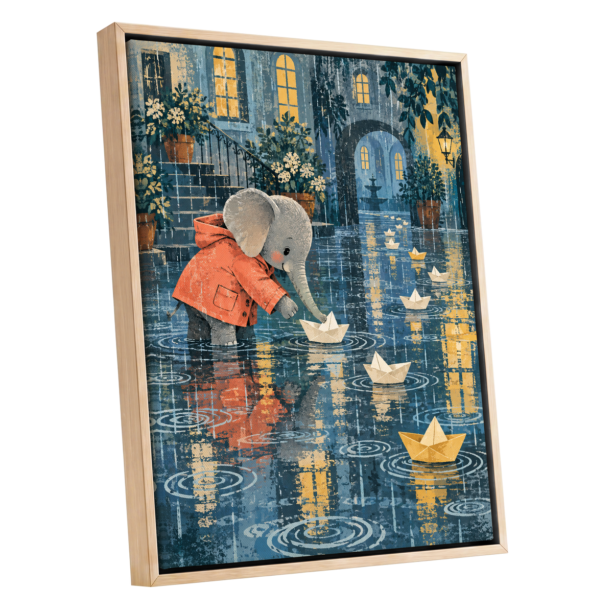 Paper Boats in the Rain, blue, gray, orange abstract wall art shown as a oak framed canvas wall art