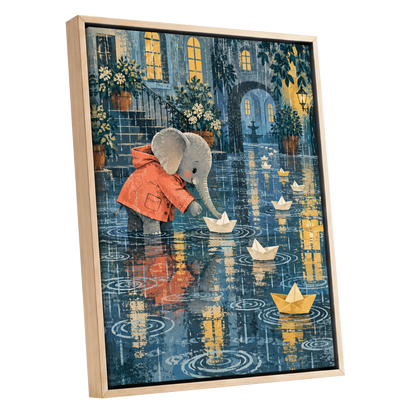 Paper Boats in the Rain, blue, gray, orange abstract wall art shown as a oak framed canvas wall art
